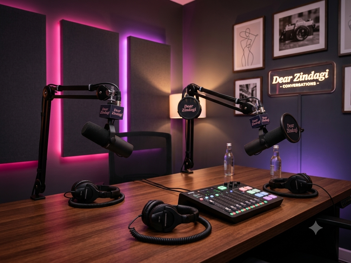 Dear Zindagi Conversations podcast studio with microphones and neon sign