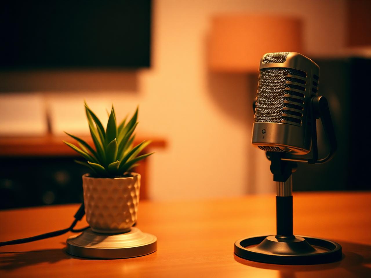 Podcast microphone in a cozy studio